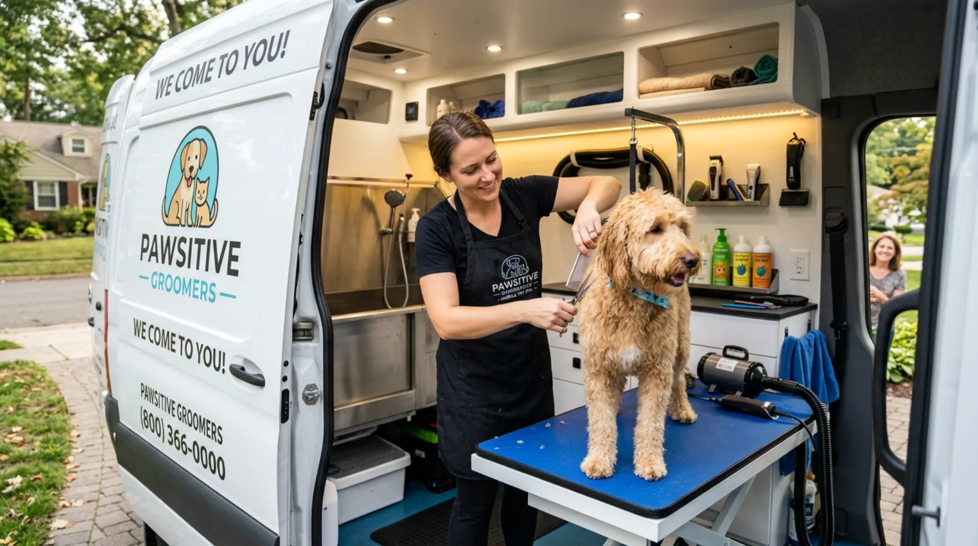 A mobile groomer trimming a goldendoodle on a table beside a fully fitted grooming van parked on a customer driveway