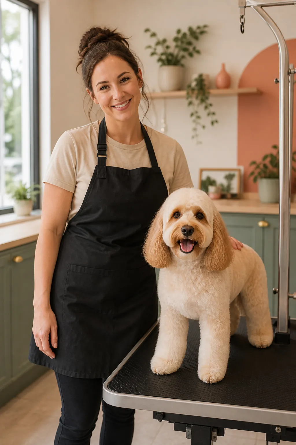 A happy groomer standing proudly beside freshly groomed Luna
